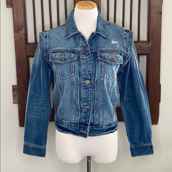 JOIE DEMANDA DISTRESSED JEAN DENIM JACKET W SHARP SHOULDERS AND RED DETAIL SZ XS - Picture 5 of 10